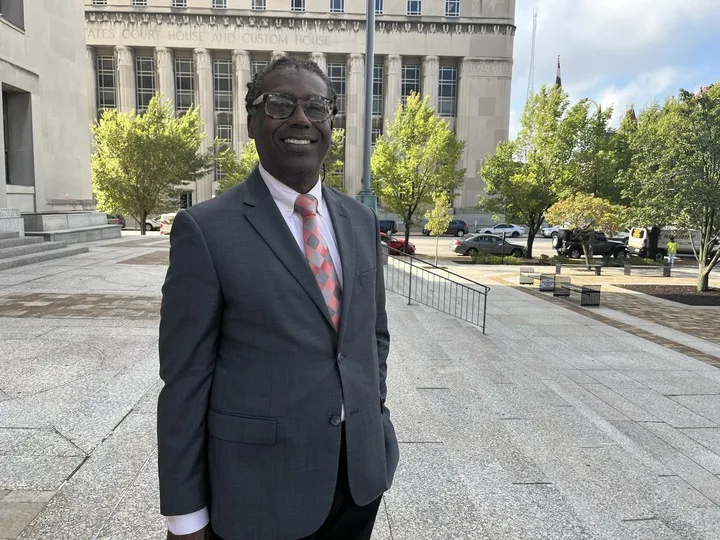 Attorney Jerryl Christmas outside the Cahill Courts building in St. Louis.