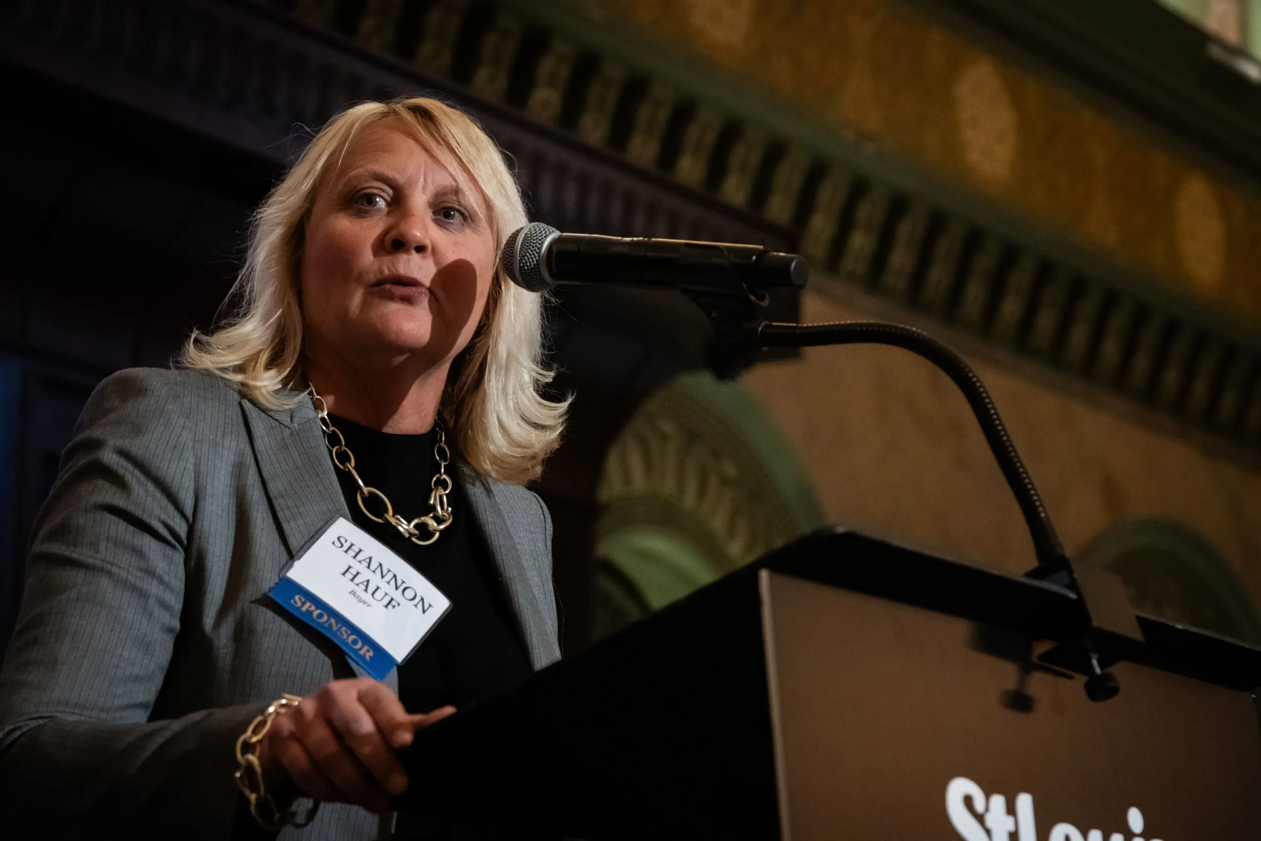 Shannon Hauf with Bayer speaking at the Business 500 event